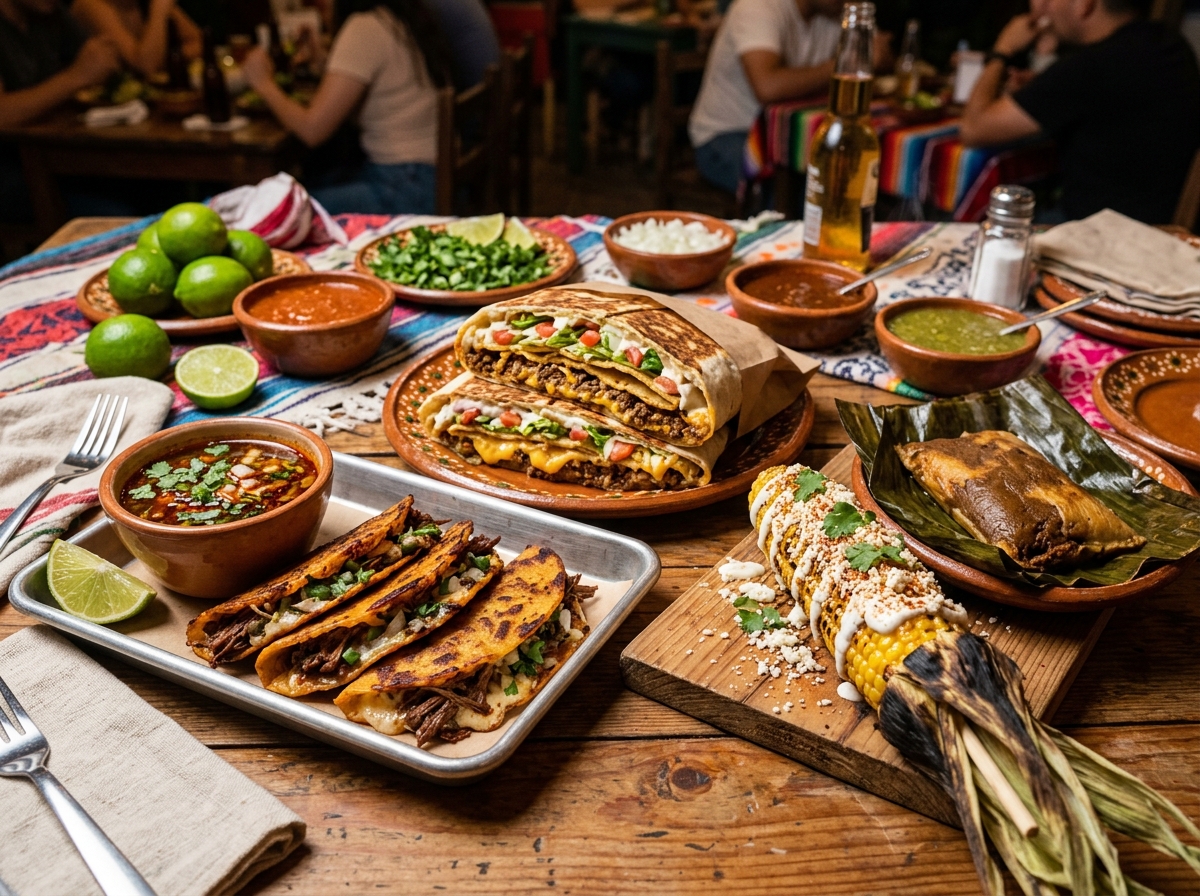 Tacos, quesabirria with consomé and elotes on a table