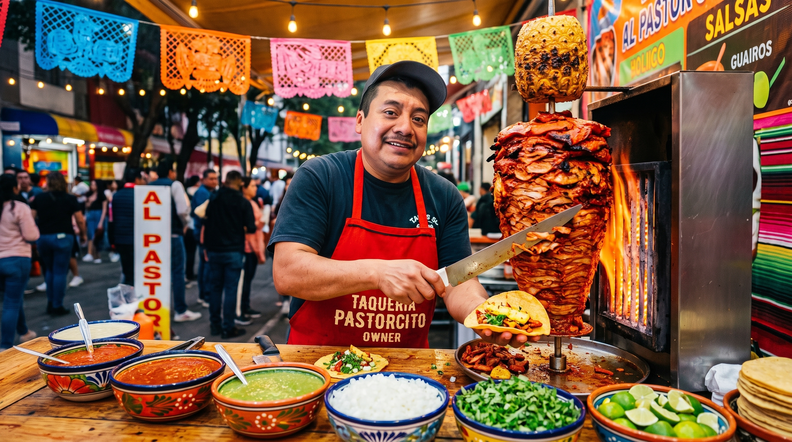 Jose carving tacos al pastor off the trompo